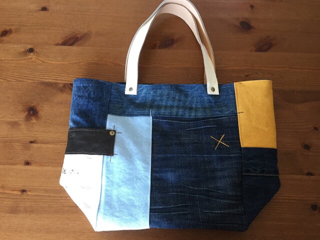 最新作☆デニム&倉敷8号帆布トートバッグ Mサイズ five白革