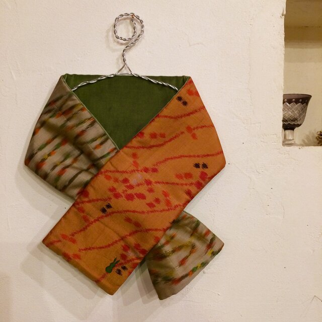 銘仙×別珍の小さな襟巻き（モスグリーン）204 ストール ネックウォーマー プチマフラー