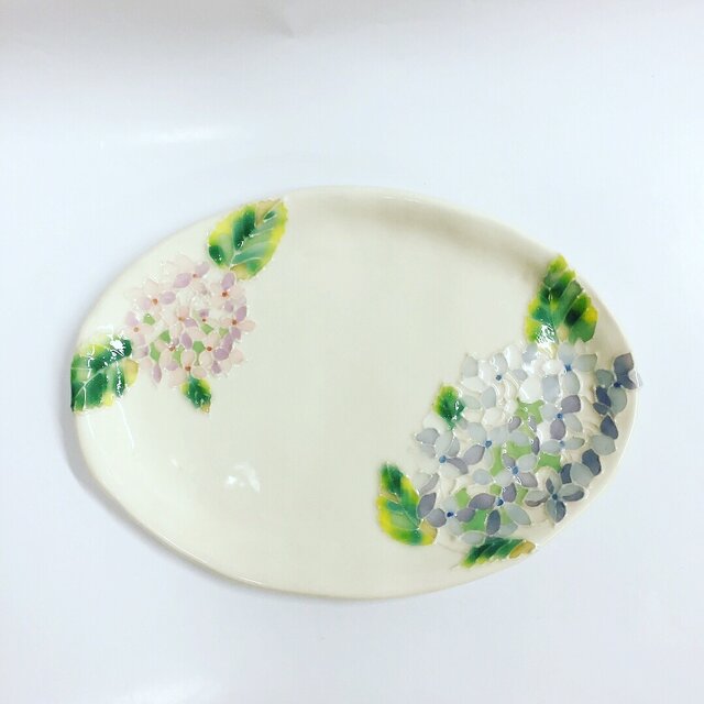 新作 紫陽花のパステルカラー楕円皿の画像1枚目