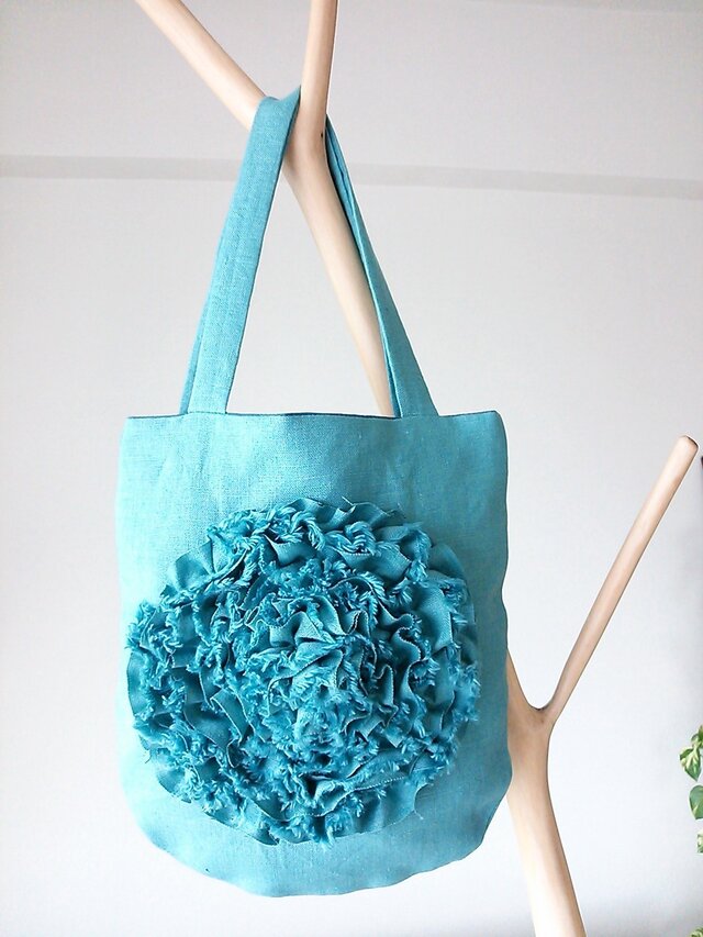 おはなの小さなおでかけバック＊リネン＊クリームターコイズ