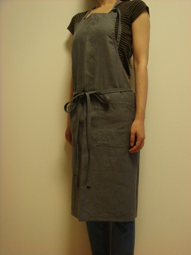 ☆リネン：丈84ｃｍ　パープルグレーのエプロン☆