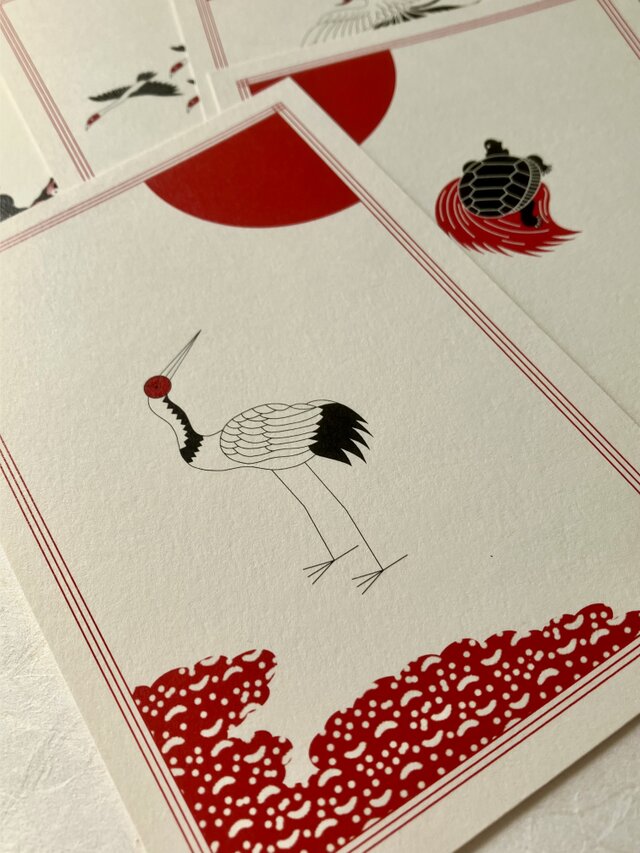 吉祥ポストカードセット/つる・かめ・いぬ・鳳凰・雁5枚入り