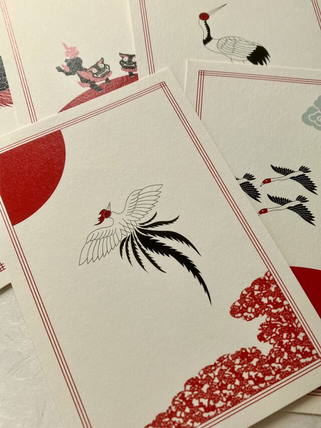 吉祥ポストカードセット/つる・かめ・いぬ・鳳凰・雁5枚入り | iichi