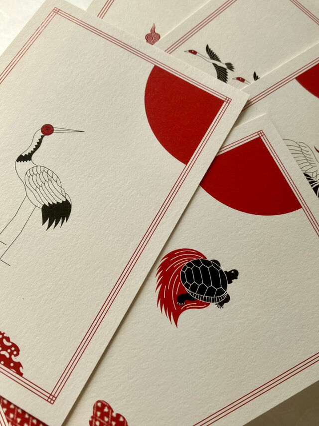 吉祥ポストカードセット/つる・かめ・いぬ・鳳凰・雁5枚入り