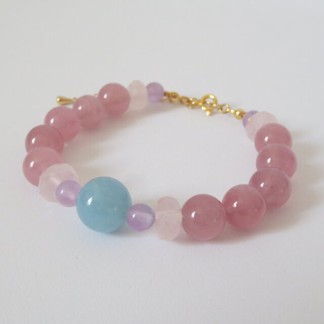 ディープピンクローズクォーツ&アクアマリン　ブレスレット