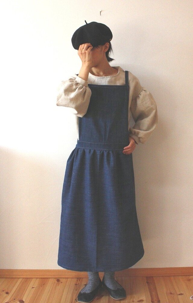 インディゴデニム　大人のエプロンワンピース