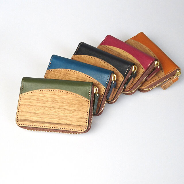 [5色] [名入可] 木と革のラウンドファスナー小銭入 --- 贅沢な総革仕上げ