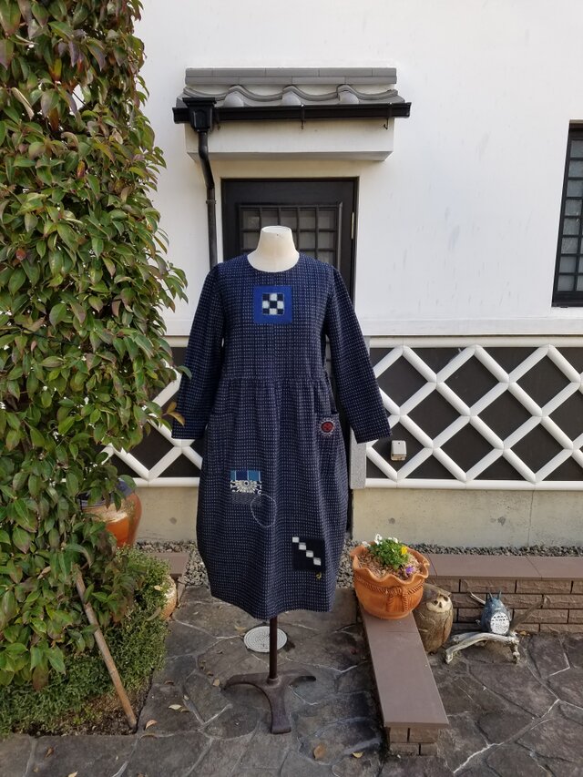 着物リメイク　手作り　かすり　ピンタック　ワンピース