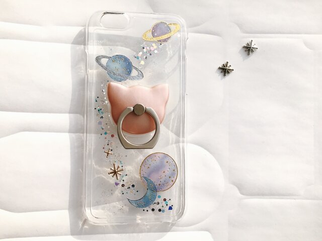 iPhoneX iPhone8/7/6/6s 宇宙柄 スマホケース 猫 月 星 選べる スマホリング iPhoneケースの画像1枚目
