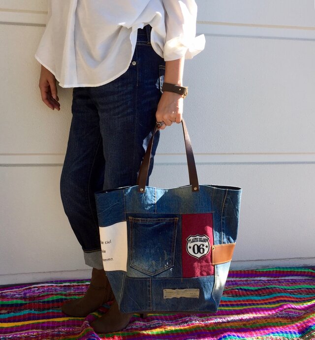 【送料無料】着画☆デニムコラージュトートバッグ Lサイズ  gift茶革＃０７