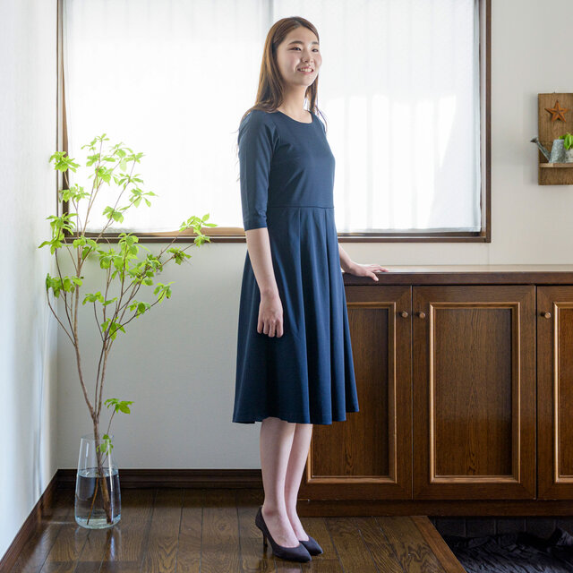 【LL】アーミッシュ風シンプルワンピース◇七分袖（ネイビー）*定番生地*