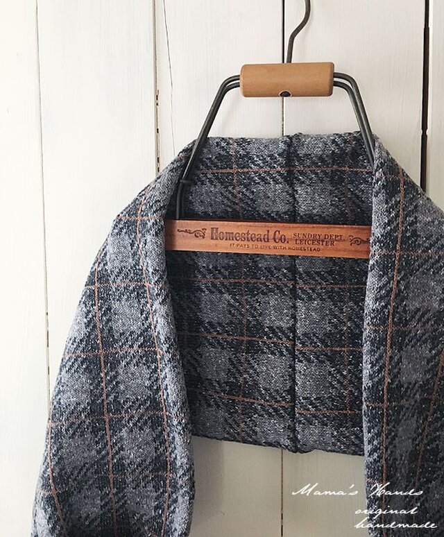 グレー x オレンジ チェック 良品質 中厚 ニット スヌード♪の画像1枚目