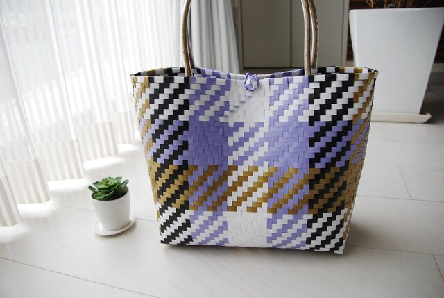 【j様ご予約品】チェック風・ラベンダートート(Mサイズ)の画像1枚目
