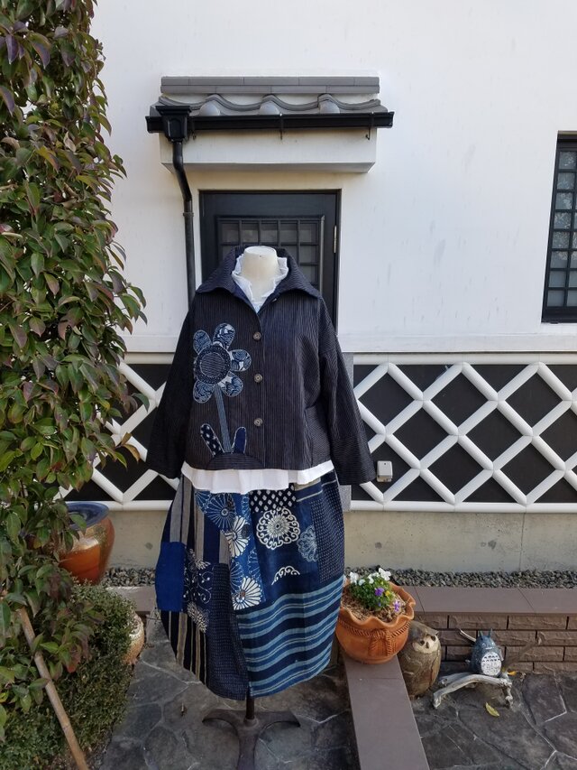 着物リメイク　手作り　かすり　パッチワーク　バルーンスカート