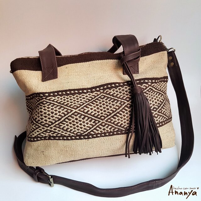 ヴィンテージ ナチュラル キリム & レザー トート バッグ * boho chic brown waveの画像1枚目