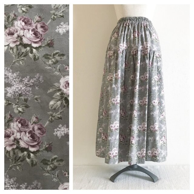 【2人のいとこ】細コーデュロイのティアードスカート（クラシックローズ：グレー）