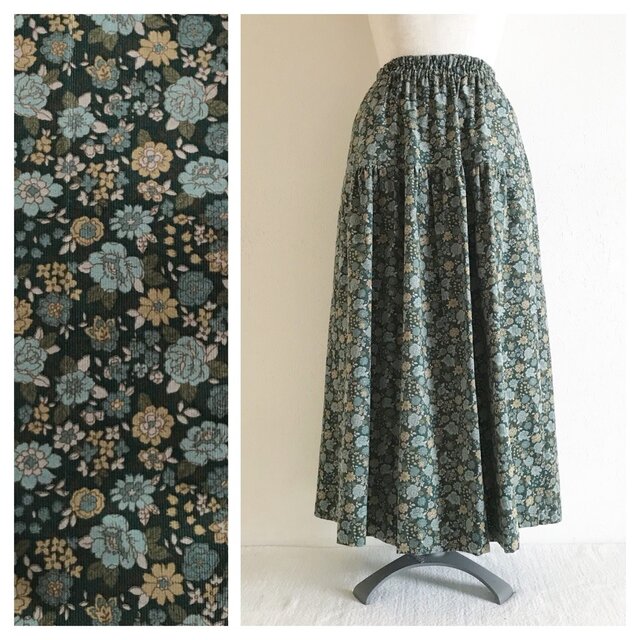 【5人姉妹】細コーデュロイのティアードスカート（四女：ビリジアン）