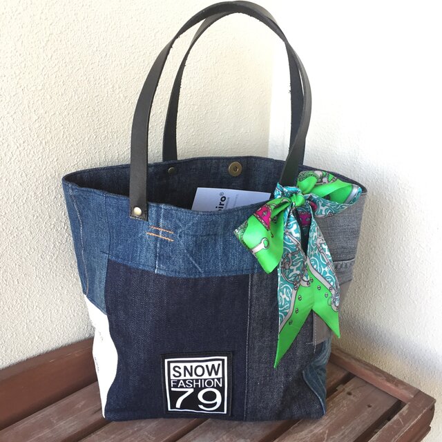 最新作☆デニムコラージュトートバッグ Mサイズ elegant黒革リボン＃１４