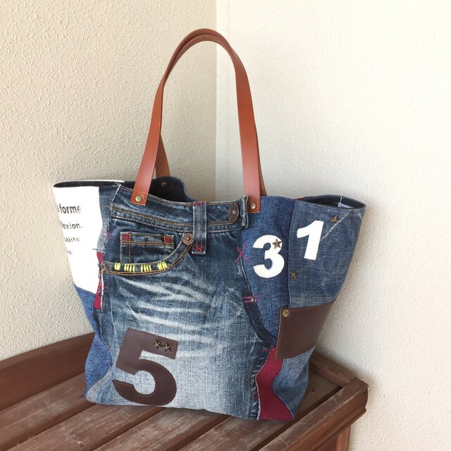 【送料無料】限定カスタム版☆デニムコラージュトートバッグ  Mプラスサイズ  bordeauxレンガ革＃０４