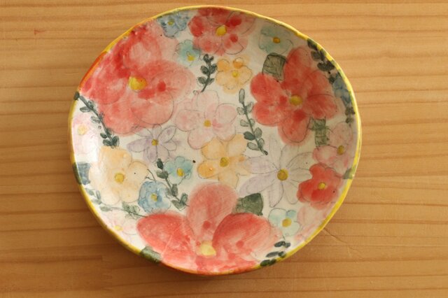 粉引きカラフルお花のオーバル皿。の画像1枚目