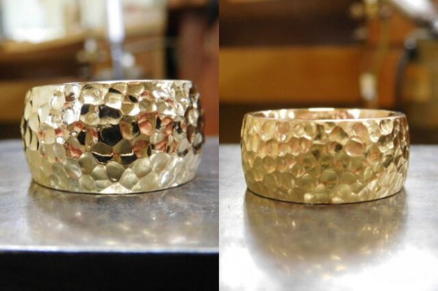 結婚指輪 手作り 鍛造 彫金 K18ゴールド 鬼極太の槌目リング 男性12mm 女性10mm ペアで圧倒的な55g Iichi ハンドメイド クラフト作品 手仕事品の通販