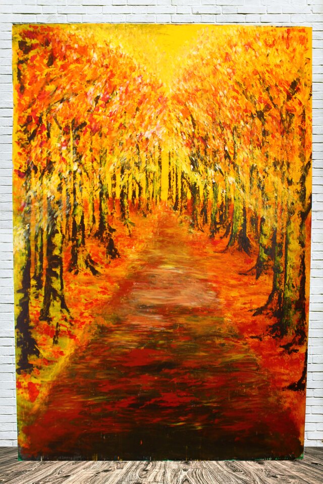 『未来への道』キャンバス原画(送料込み) アートパネル 木 こもれび 秋 紅葉 オレンジ 森林 自然 風景の画像1枚目