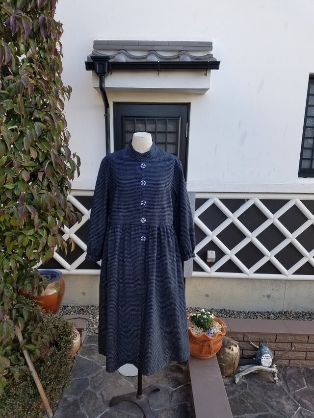 着物リメイク　手作り　書生がすり　シンプル　ワンピース