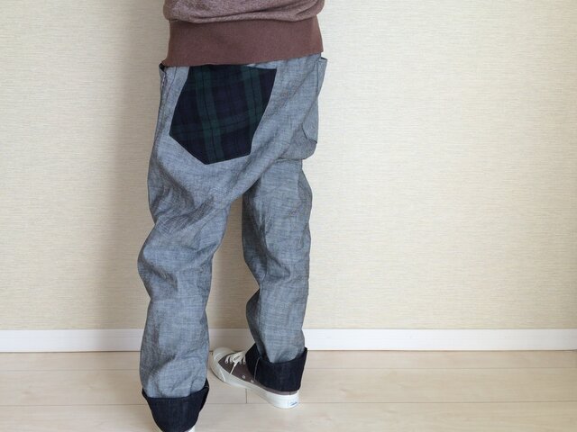 ※オーダー品※綿のゆるパンツ184(グレー杢にブラックウォッチ)の画像1枚目