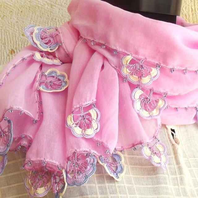 【SALE】レースの花付き　コットンストール（4辺）　ベビーピンク