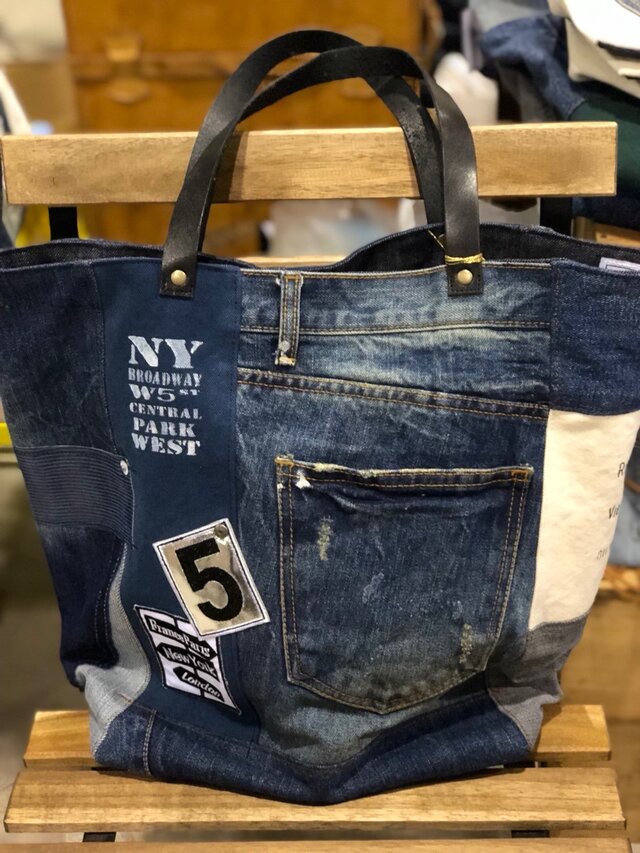 【送料無料】最新作☆デニムコラージュトートバッグ Lサイズ  NY5黒革＃０９