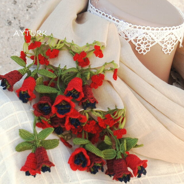 【再販】立体レース　花のコットンストール「ツインフラワー／2辺」カフェオレ