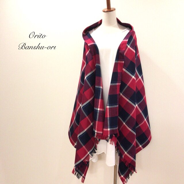 【人気商品】3wayマフラーショール*大柄赤チェック*播州織の画像1枚目