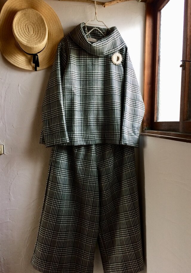 グレンチェックセットアップ　プルオーバー&ガウチョパンツ　