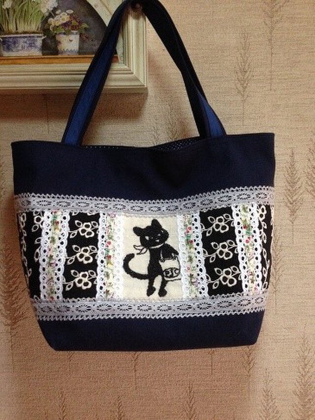 PJC黒猫クロッチ刺繍 帆布 パッチワークトートバッグの画像1枚目