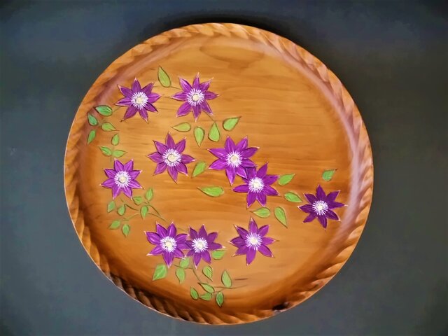 木彫りのお花模様 ポズキワニア お盆 アンティーク