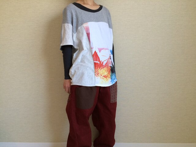 フレンチスリーブのゆるTシャツ(白グレー系)B010の画像1枚目