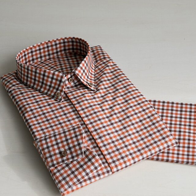 【size M 小さめ(首廻38)】トーマスメイソン オレンジチェック ボタンダウンの画像1枚目