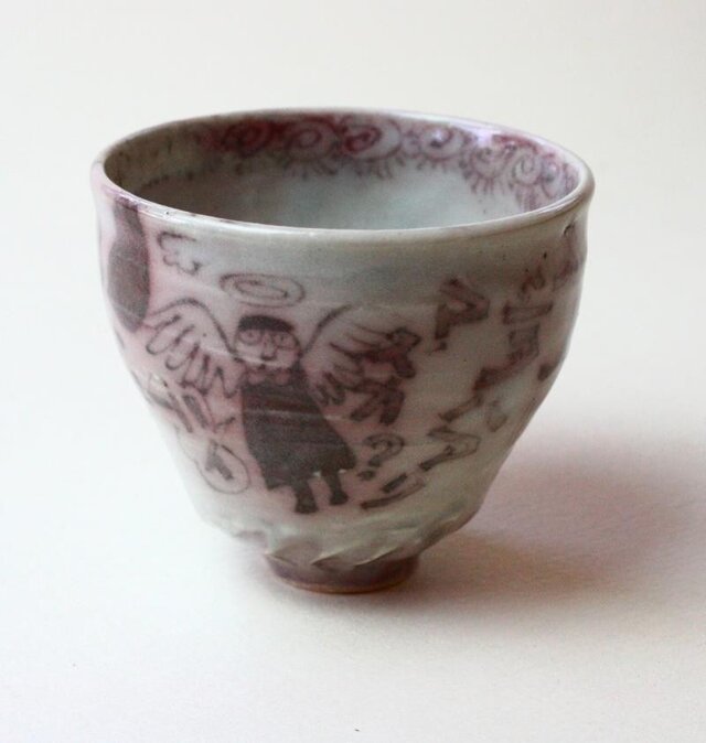 天使と猫と鳥の器 / 陶芸 /釉裏紅 /茶器 /ティーカップ /ceramic /pottery /teacupの画像1枚目