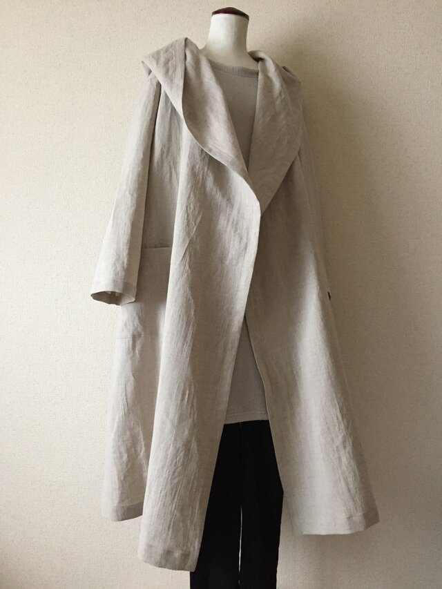 ハーフリネン 大人可愛いフード付きコート