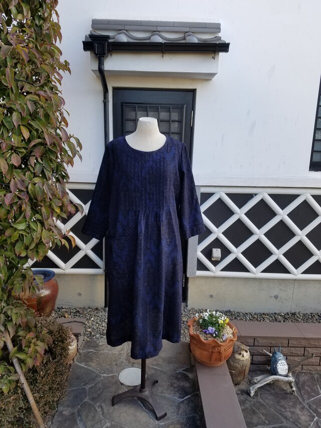 着物リメイク　手作り　結城紬　ピンタック　ワンピース