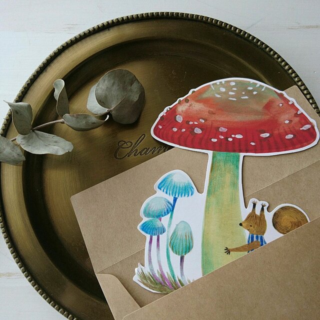 キノコとリスのメッセージカード