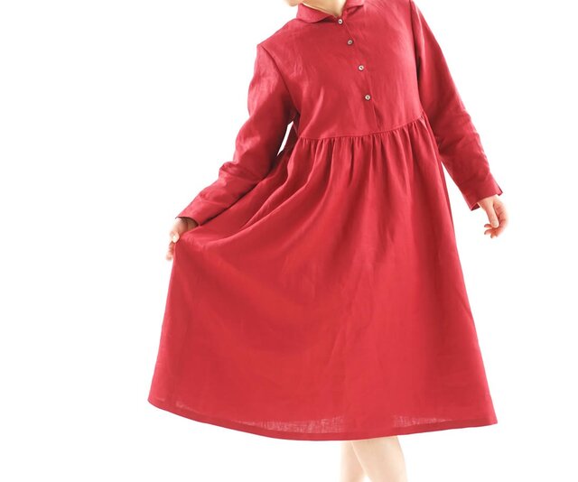 【wafu】中厚 リネンワンピース ショールカラー 前開き ドレス 袖スリット ミモレ丈/ルビーレッド a019c-rre2の画像1枚目
