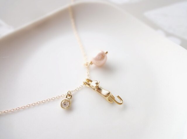 【受注生産】Necklace■animal cat 2■CZ×pearlの画像1枚目