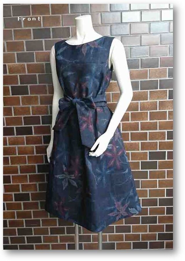 96＊1点物　麻絹着物リメイクＡラインワンピース