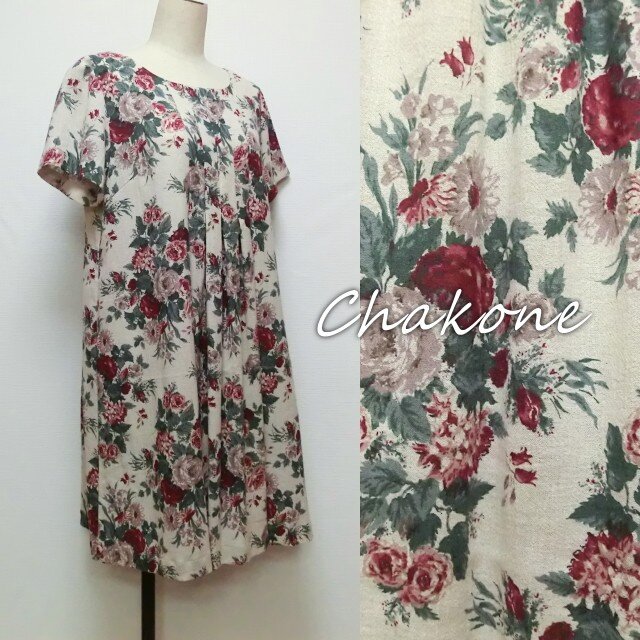 【チュニック】大人のゆったりチュニック・ワンピース(M) 半袖 花柄(赤) リネン