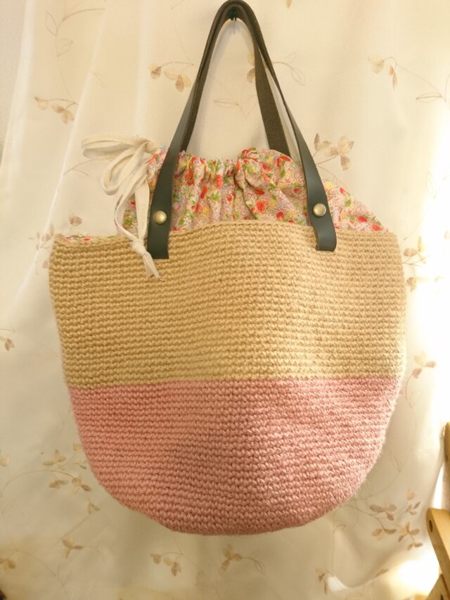 バイカラーの麻ひもバッグ(ピンク)の画像1枚目