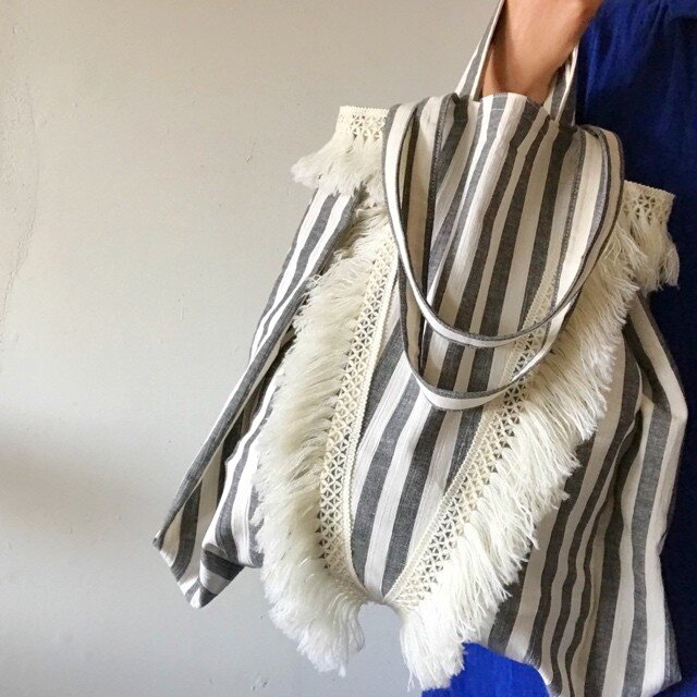 cotton linen stripe bag (black)の画像1枚目