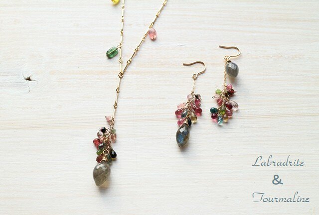 14kgf ラブラドライト＆ピンクトルマリンのエスニックピアス k14gf