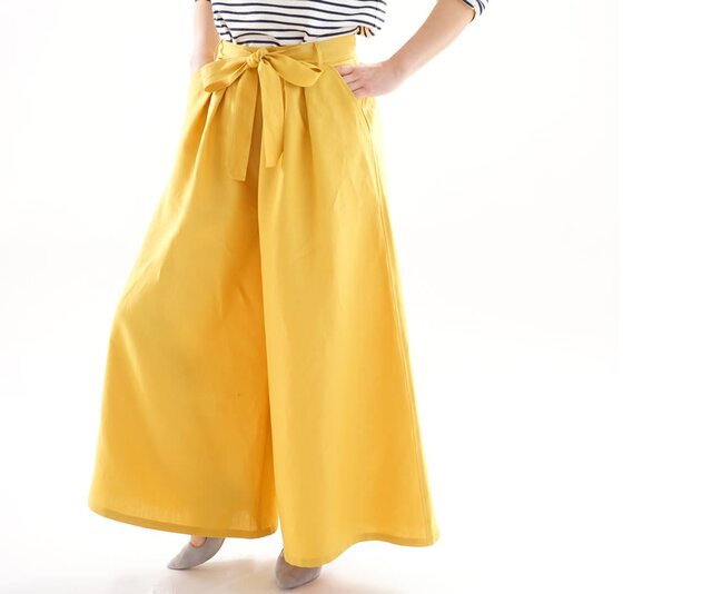 【お試し品】中厚 リネン ワイド パンツ ロング丈 ウエストゴム 紐付き ボトム / クロムイエロー b006d-cye2の画像1枚目