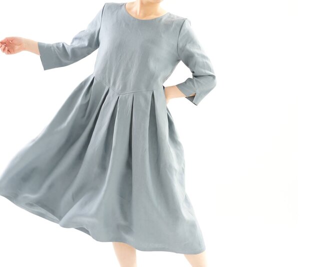 【wafu】中厚 リネンワンピース タック スカート ドレス 半端袖 ミモレ丈 丸首 / エタインブルー a013a-ebn2の画像1枚目